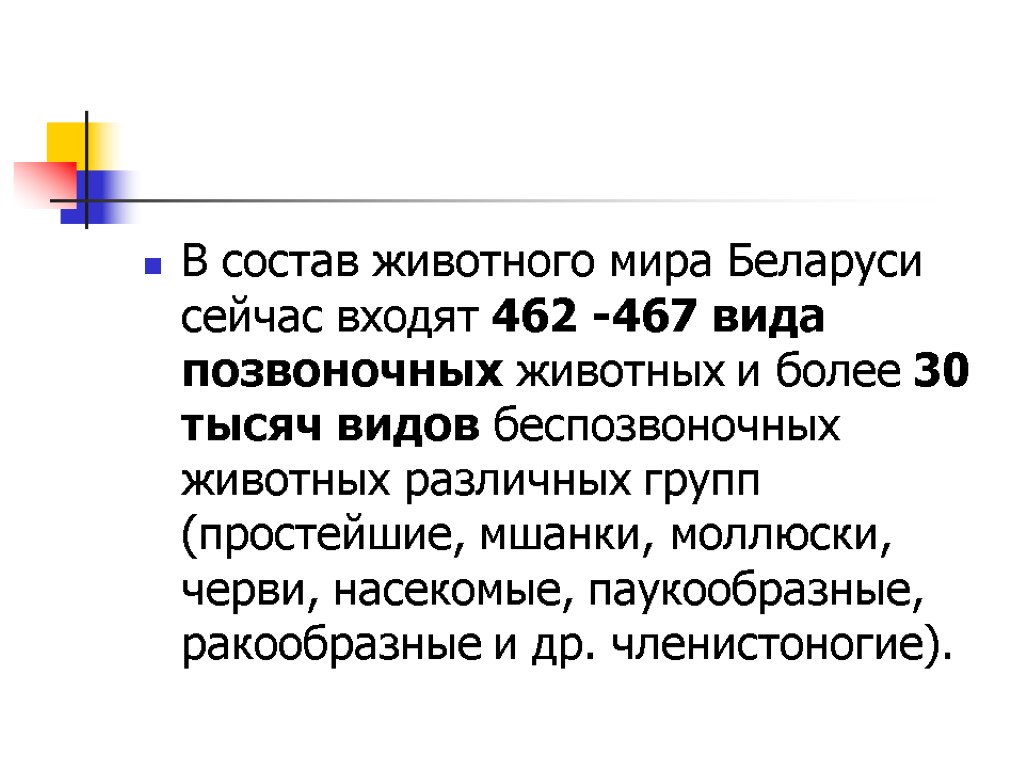 В состав животного мира Беларуси сейчас входят 462 -467 вида позвоночных животных и более